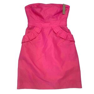 J Crew Mini Dress Size 2 Hot Pink Flamenco Pockets Lined Barbiecore Silk Cotton